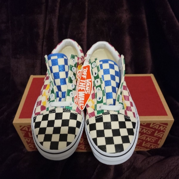 NEW Vans Old Skool glitter multi-colored checkerboard shoes - Picture 2 of 3